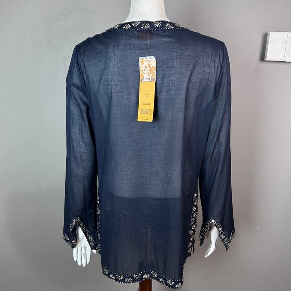 Tory Burch top tunic size 14 NWT blue beaded coverup cotton India boho - Picture 5 of 12